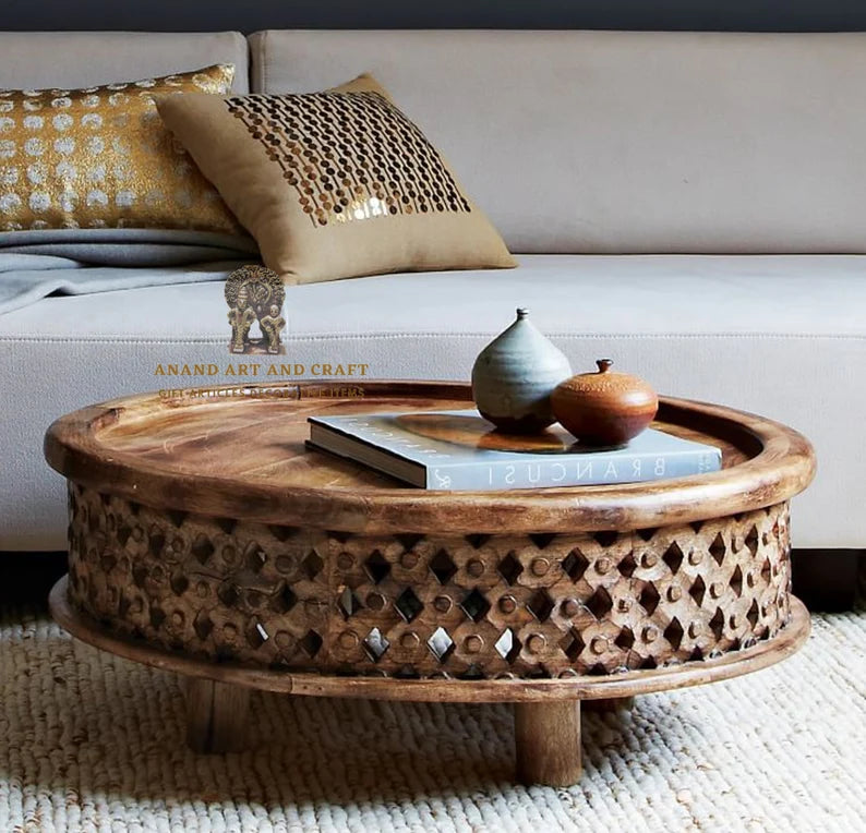 木製コーヒーテーブル/生マンゴー格子/丸型コーヒーテーブルの湾曲したテーブル/デコレーションの美しい装飾/インドの手工芸品アート