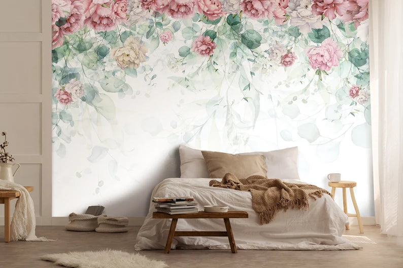 ピンクの牡丹と葉パールストリング壁紙、パステルカラー壁画、植物の緑とピンクの壁のポスター、壁画|簡単なアプリケーション