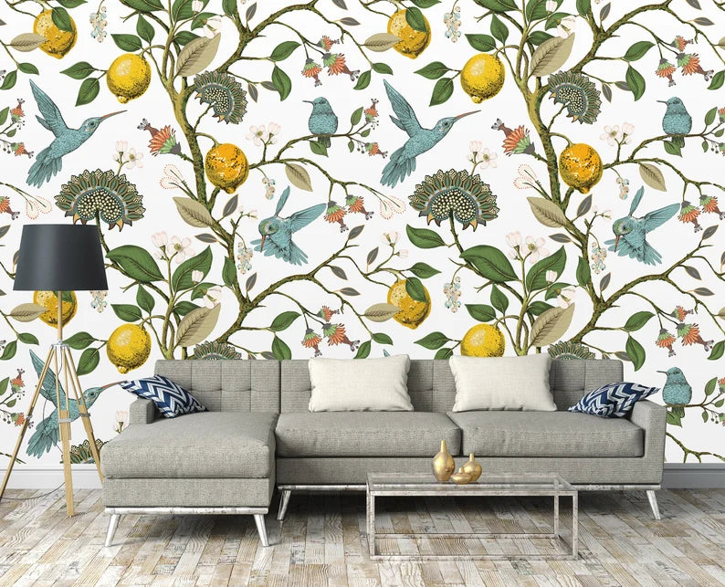 レモン&鳥壁画壁紙、壁画|壁の装飾、ボタニックインテリア、花のポスター、ウォールプリント ヴィンテージ、植物の壁の装飾