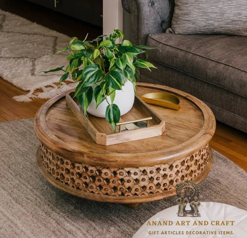 木製コーヒーテーブル/生マンゴー格子丸型コーヒーテーブルの湾曲したテーブル/ホームデコレーションルーム/デコレーション美しい装飾インドの手工芸品アート