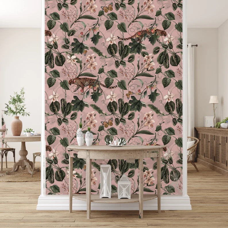 ピンクの背景/植物の壁紙チーターと植物の印刷/フロー/葉/ヴィンテージ/自己接着剤/皮と棒/取り外し可能またはビニールの壁画
