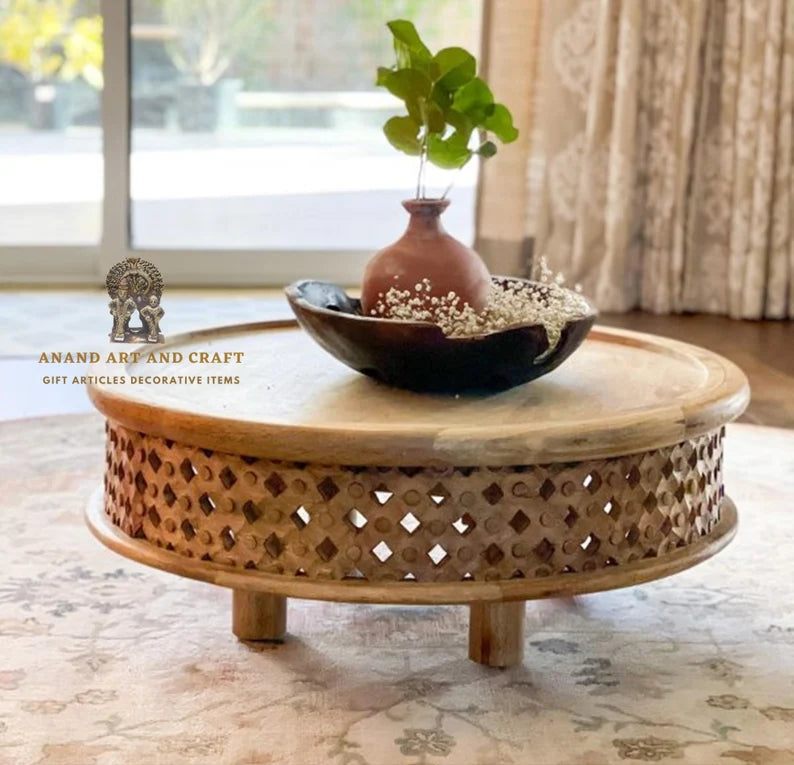 木製コーヒーテーブル/生マンゴー格子/丸型コーヒーテーブルの湾曲したテーブル/デコレーションの美しい装飾/インドの手工芸品アート