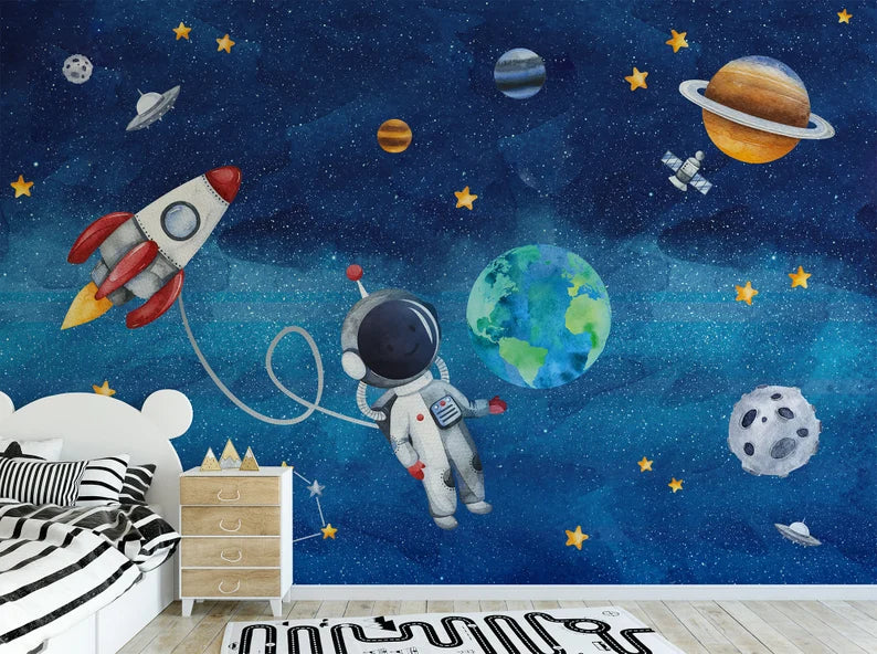 キッズスペースの壁紙/宇宙飛行士と流星/惑星/地球壁壁画取り外し可能な宇宙空間の壁紙チャイルドルーム保育園の寝室/星