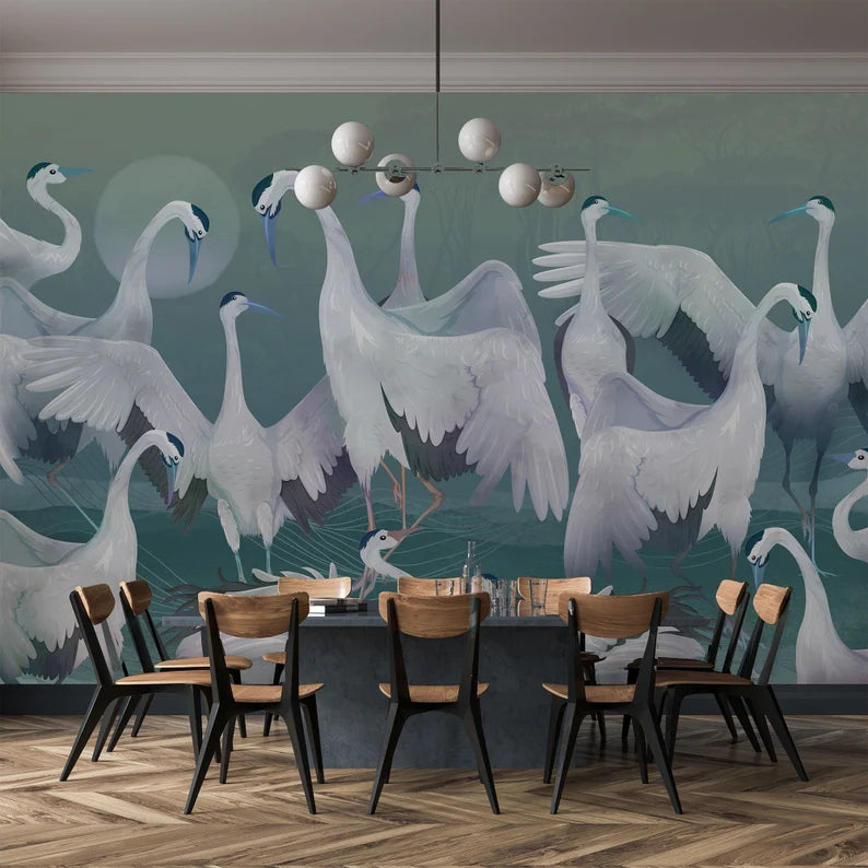 アオサギ/サギの壁紙/アジアの鳥の壁画/現代的なデザインの壁の装飾/ビンテージクレーンの取り外し可能な壁紙/皮をむいて貼り付ける/vinly