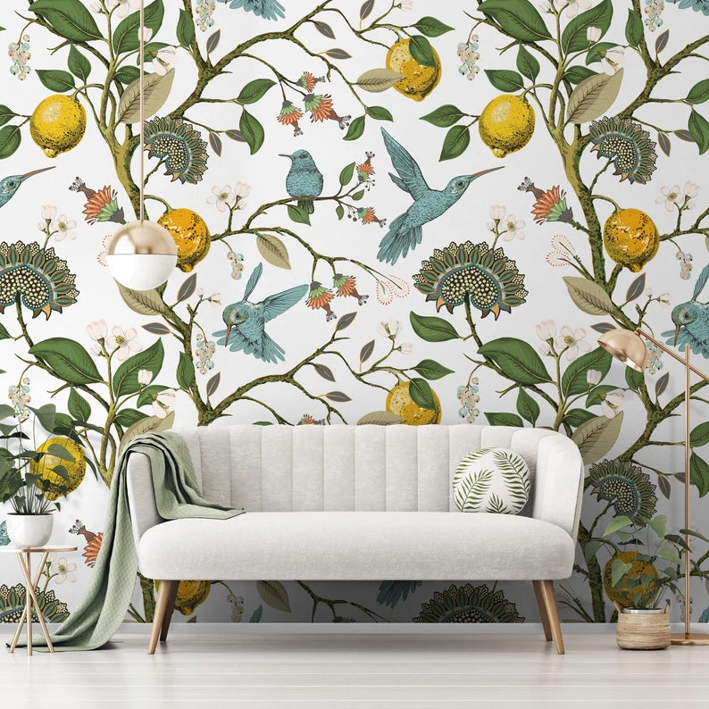 レモン&鳥壁画壁紙、壁画|壁の装飾、ボタニックインテリア、花のポスター、ウォールプリント ヴィンテージ、植物の壁の装飾